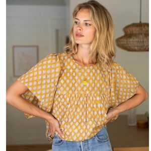 Emerson Fry Basalie Top- Sisters Yellow Block Print Top- size Small